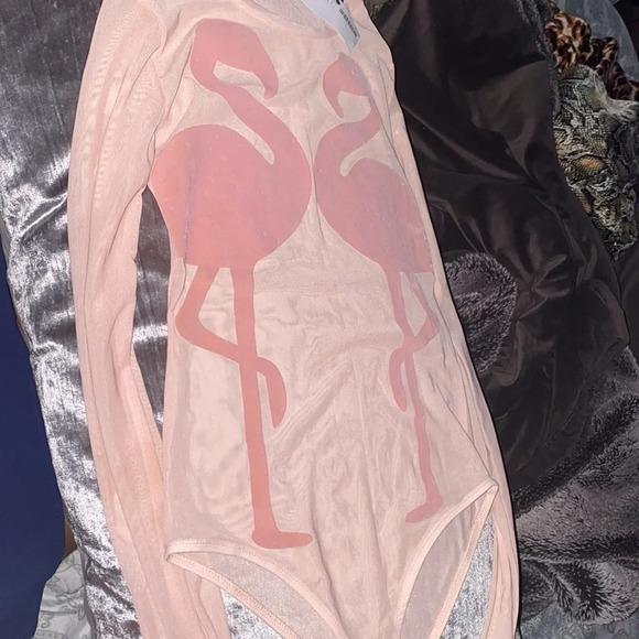 Zara Nude pink mesh flamingo detail bodysuit New Sz S - Picture 5 of 15